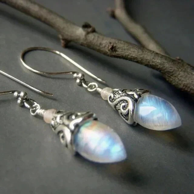 Mika | Antique Moonstone Drop White Gold Earrings