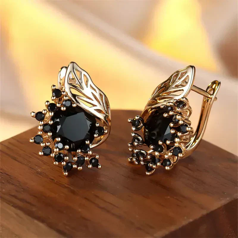 Rufina | Black Zirconia Golden Earrings